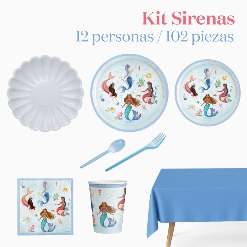 Kit Mesa Premium 12 Personas Sirenas 102 piezas