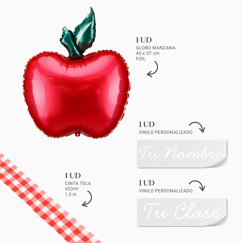 Ballon en feuille de pomme rouge avec nom de tissu Vichy personnalisé et cours de vinyle blanc