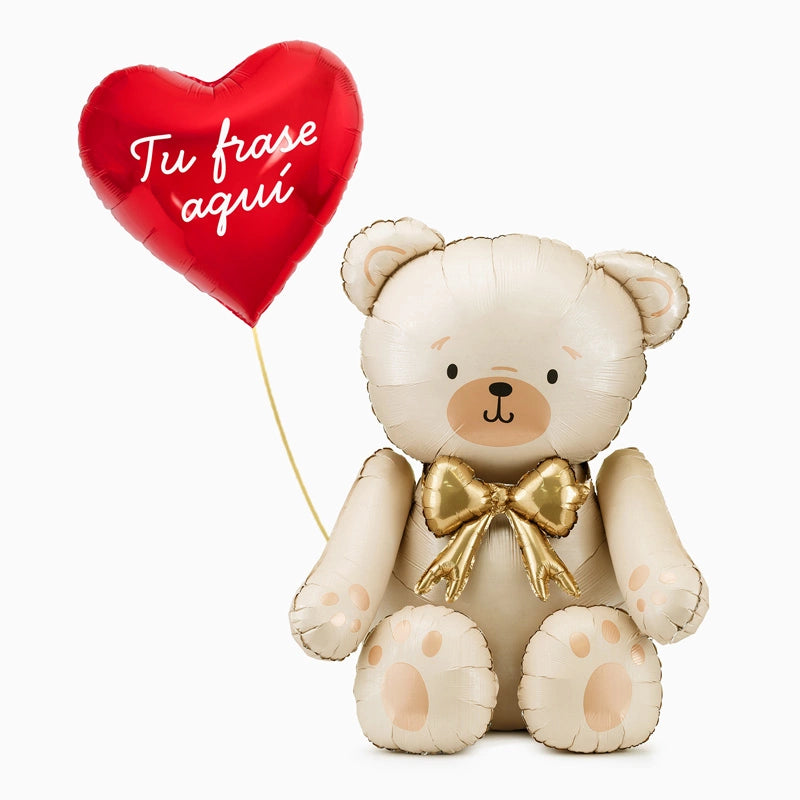 Palloncino Foil 45 cm Cuore Rosso + Orsetto Panna Palloncino Foil Frase Personalizzata Vinile Bianco