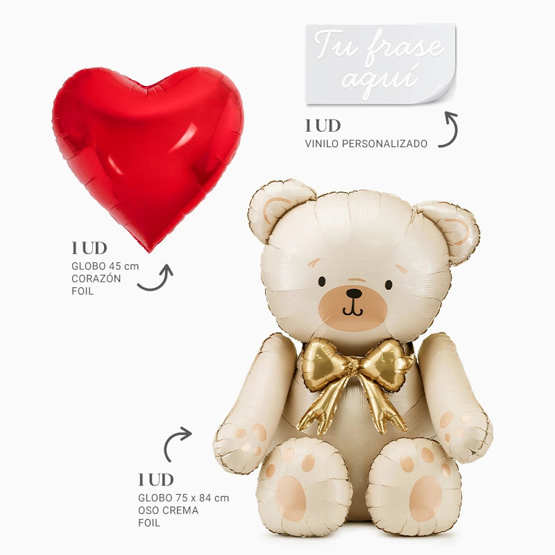 Palloncino Foil 45 cm Cuore Rosso + Orsetto Panna Palloncino Foil Frase Personalizzata Vinile Bianco