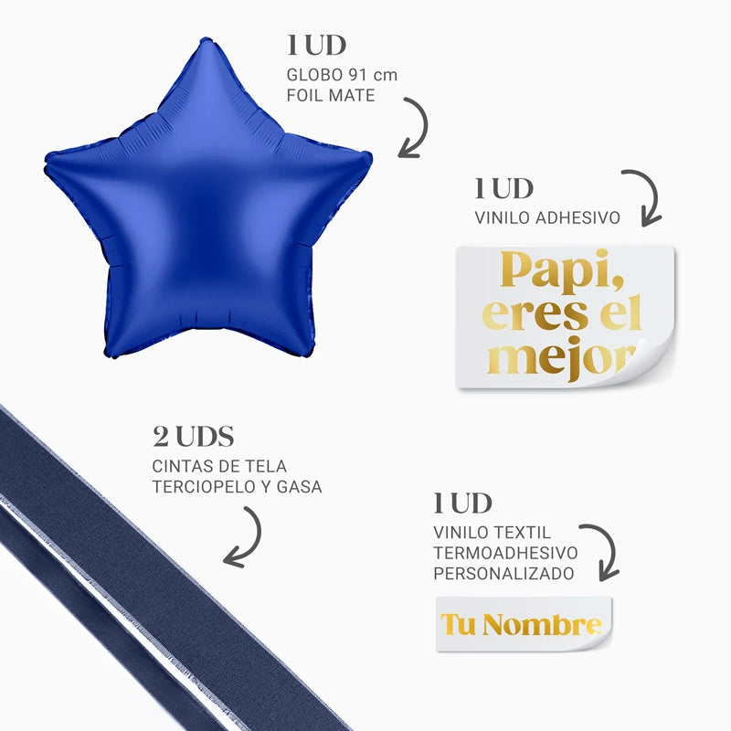 Globo Estrella Azul Marino XL con Telas Personalizadas 'Papi, eres el mejor' Personalizado