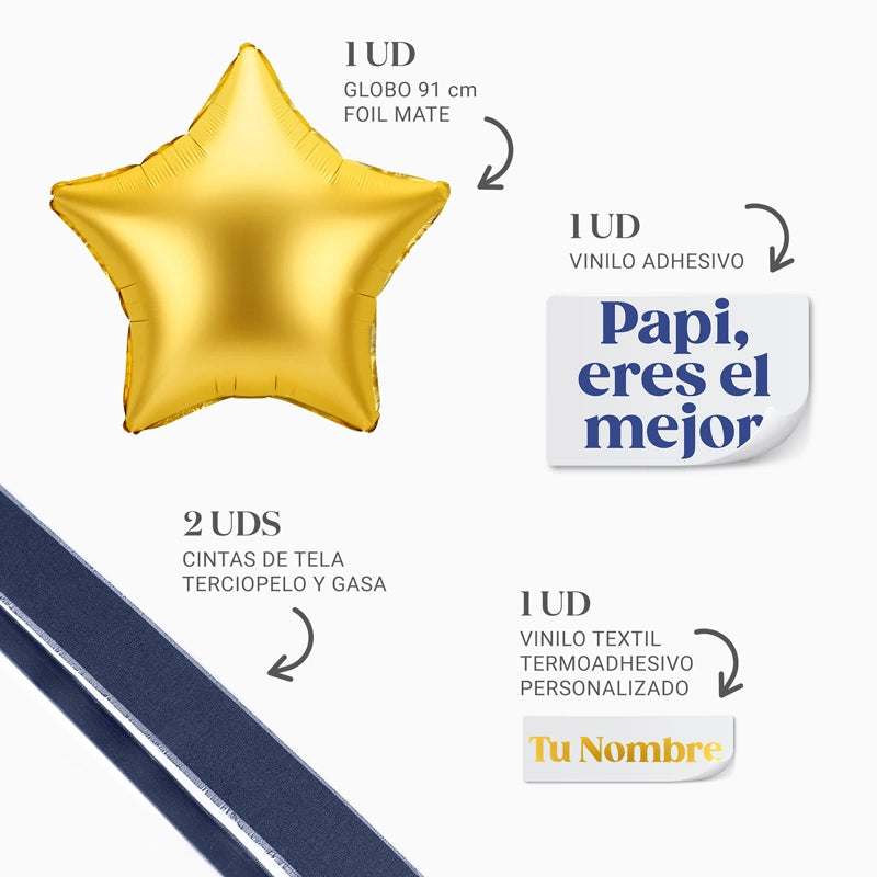 Inspiracion con XL Gold Star Balloon with Personalized Fabrics 'Daddy, you are the best'