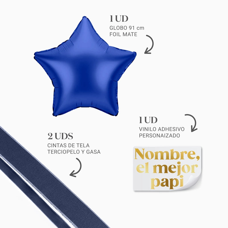 Globo Estrella Azul Marino XL con Telas 'Nombre, el mejor papi' Personalizado