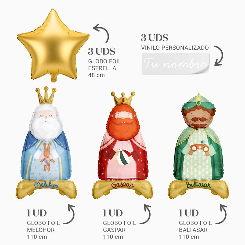 Set Globos Foil Petit Reyes Magos + Estrellas + Nombres Personalizados con Vinilo Blanco