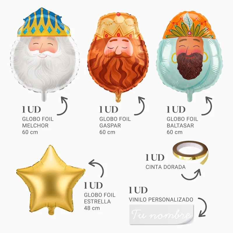 Globo Foil Noche de Reyes Magos con Estrella Oro Personalizado Vinilo Blanco