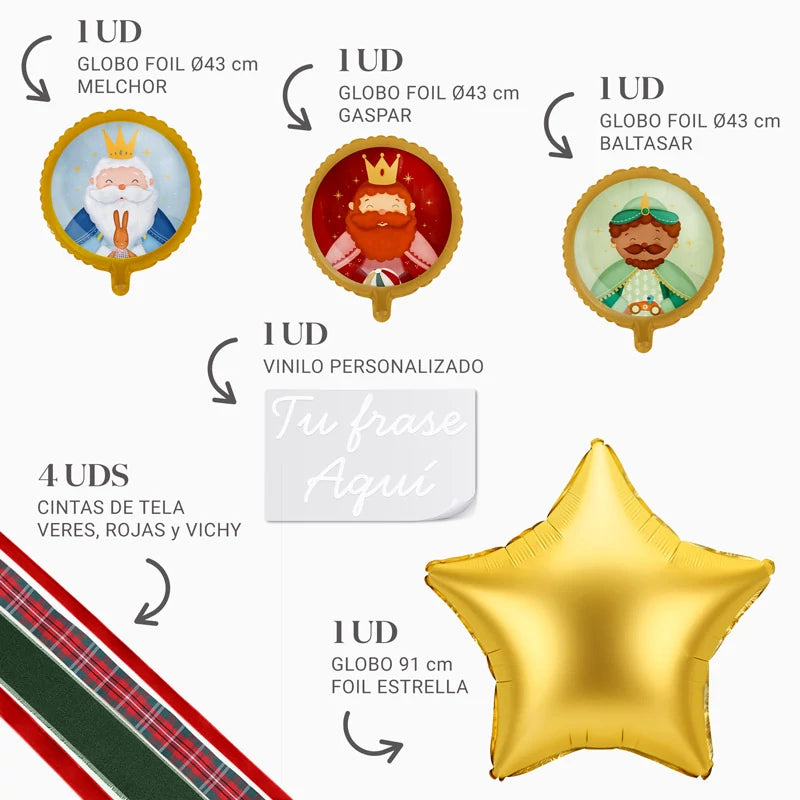 Globos Foil Petit Reyes Magos y Estrella Oro XL con Telas Personalizado Vinilo Blanco