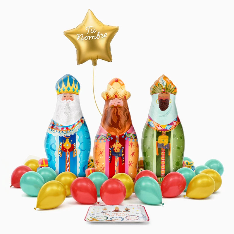 Globos con Base Foil Reyes Magos con Bandeja y Globos Personalizado Vinilo Blanco