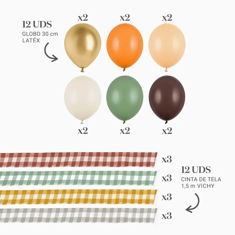 Set Globos Látex con Cintas Vichy Cumple Cálido