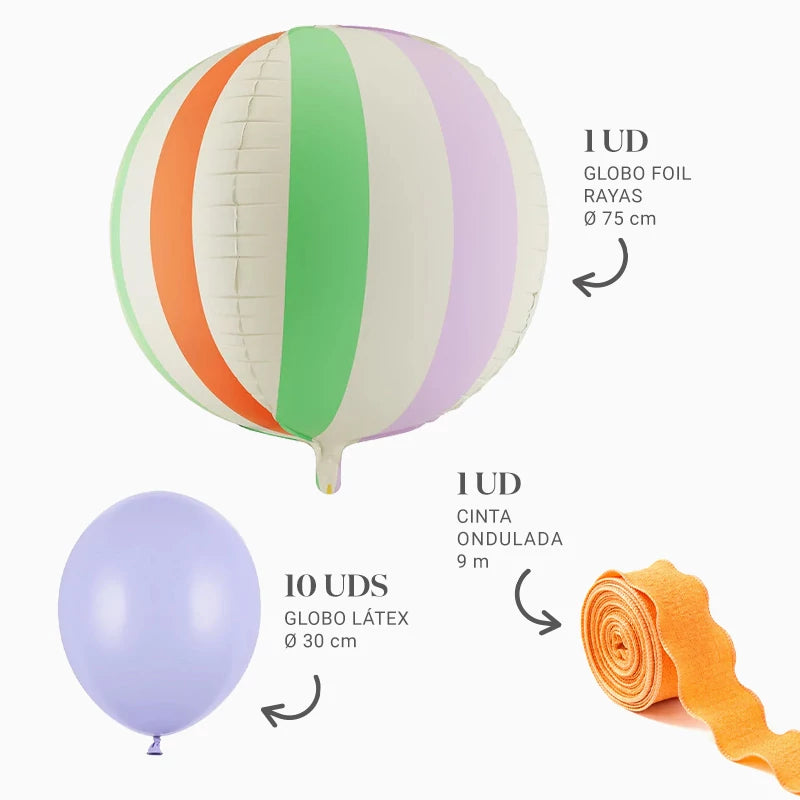 Inspiracion con Set Globo Foil con Globos Látex Lila Claro y Cinta Ondulada Naranja