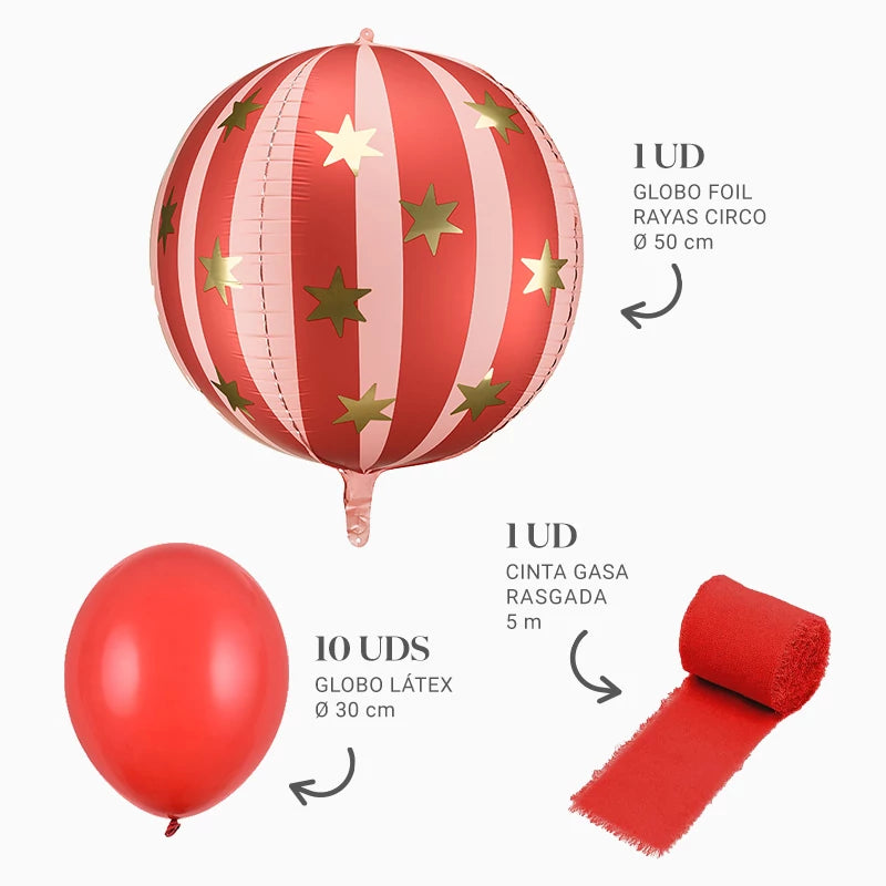 Folienballon-Set mit roten Latexballons und roten zerrissenen Mullbändern