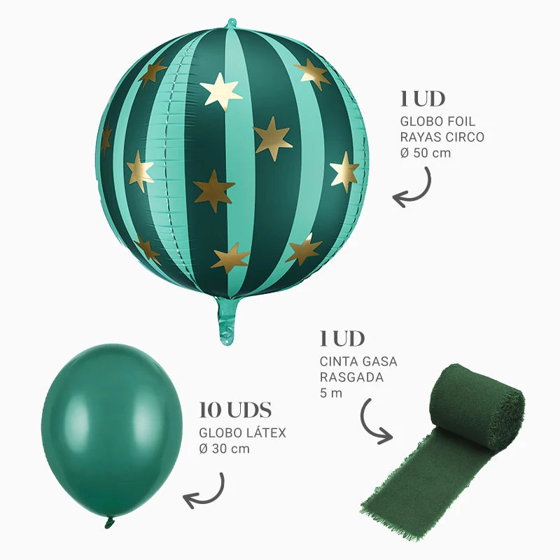 Folienballon-Set mit grünen Latexballons, einer Flasche und grünen zerrissenen Mullbändern