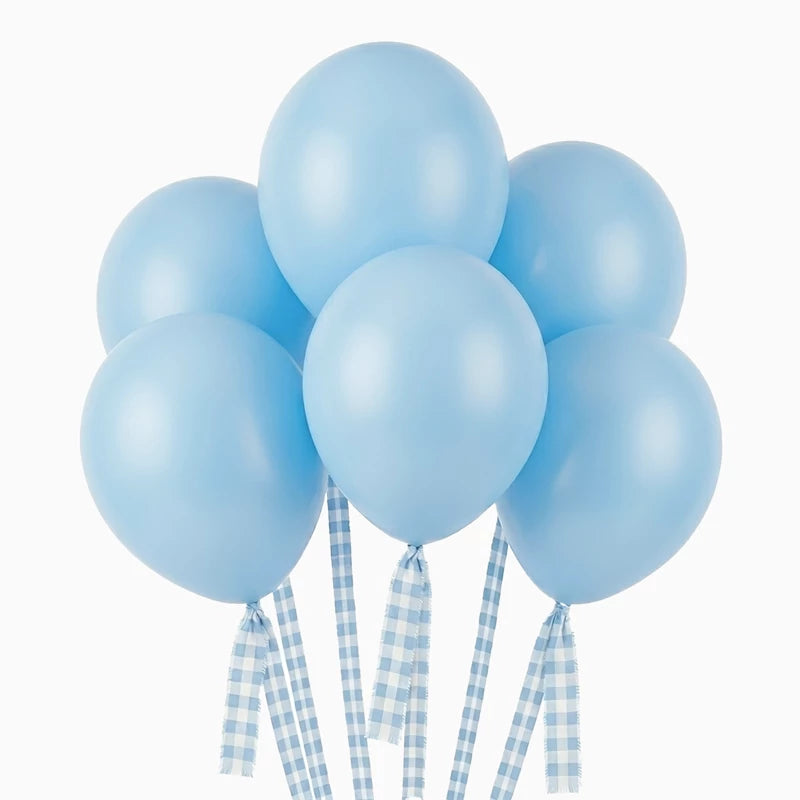 Set de Ballons Latex Ø 30 cm Bleu Clair Pastel avec Rubans Vichy