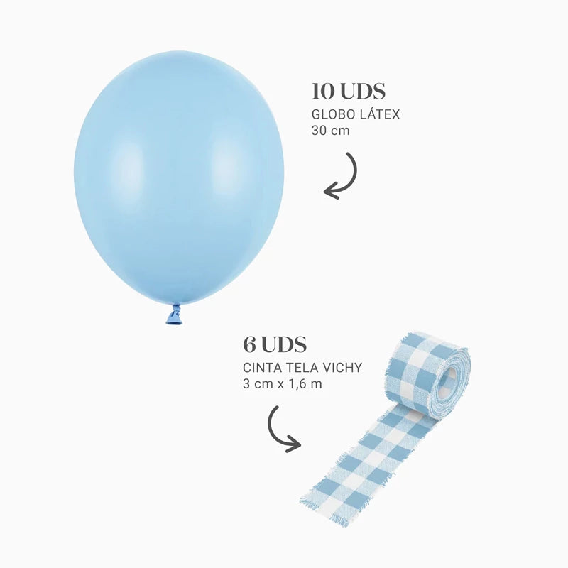Inspiracion con Set de Ballons Latex Ø 30 cm Bleu Clair Pastel avec Rubans Vichy