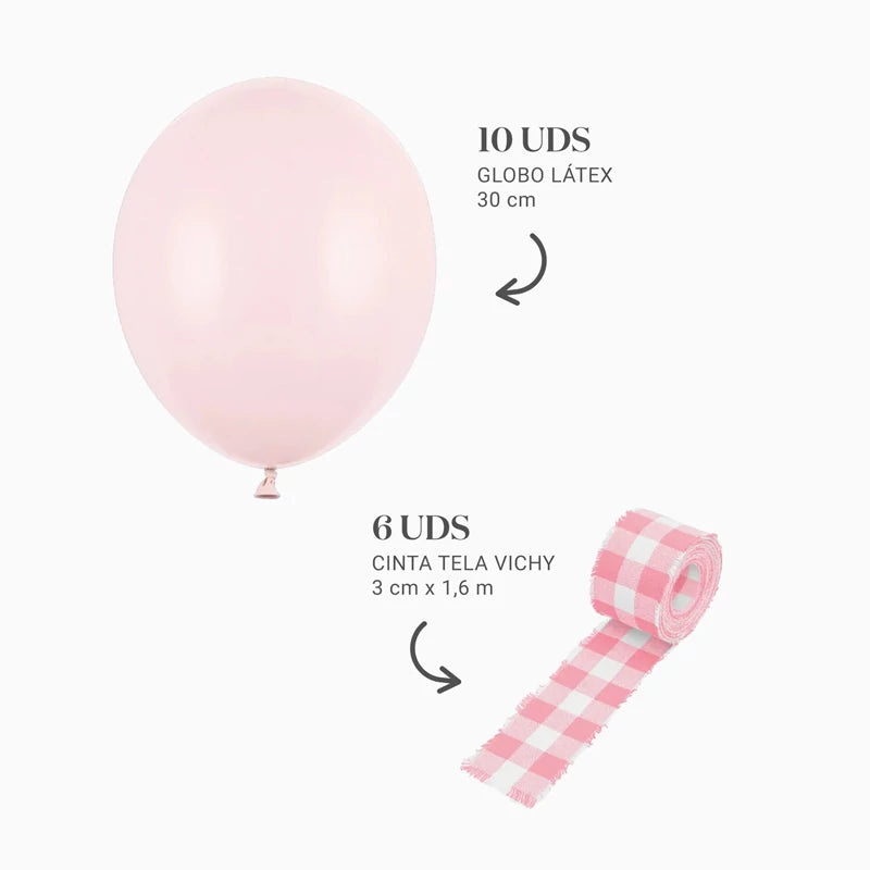 Inspiracion con Set Globos Látex Ø 30 cm Rosa Claro Pastel con Cintas Vichy