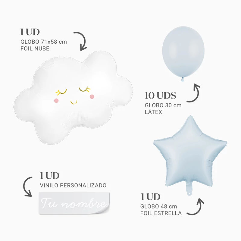 Ensemble de ballons Blue Cloud Nom personnalisé Vinyle blanc