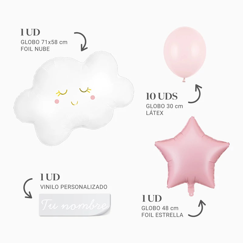 Pink Cloud Balloons Set Personalized Name White Vinyl