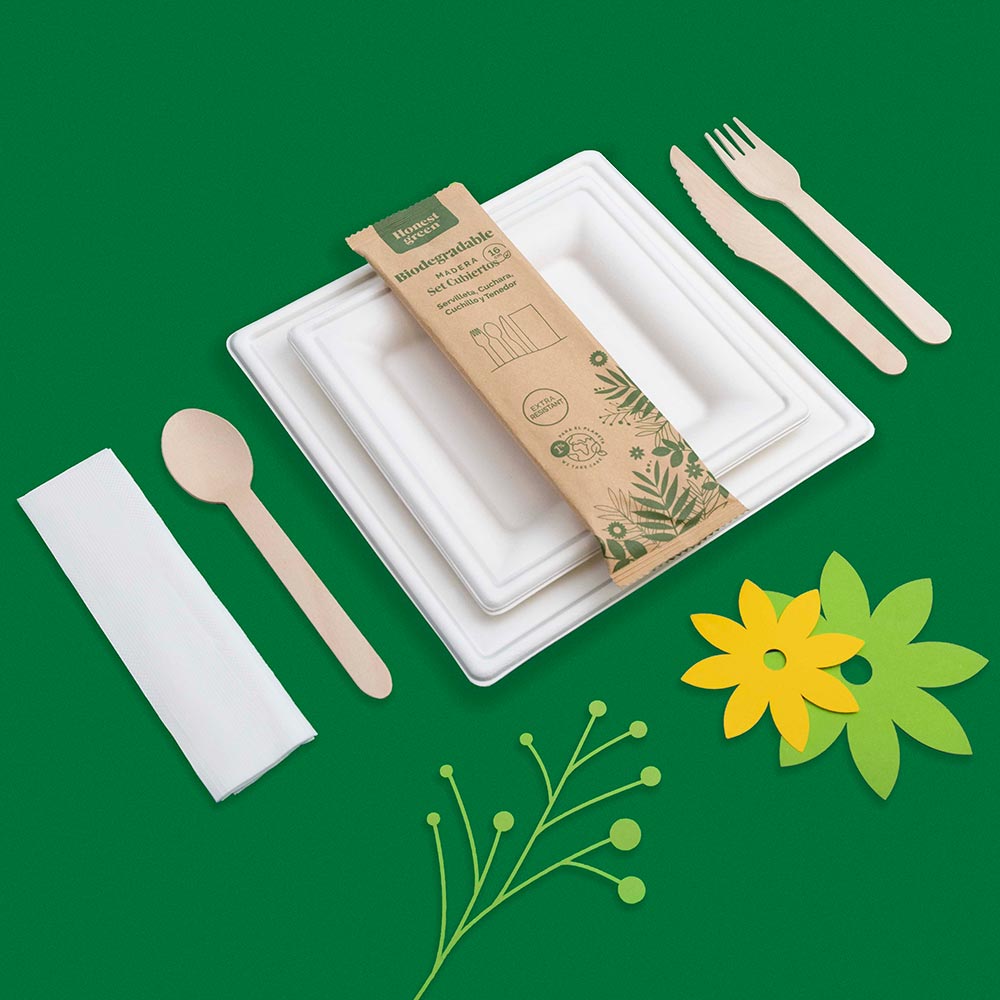 Set Cubiertos Servilleta Cuchara Cuchillo y Tenedor Madera (1 ud)