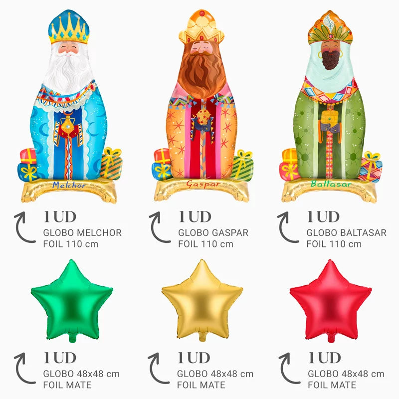 Set Globos con Base Foil Noche de Reyes Magos y Estrellas