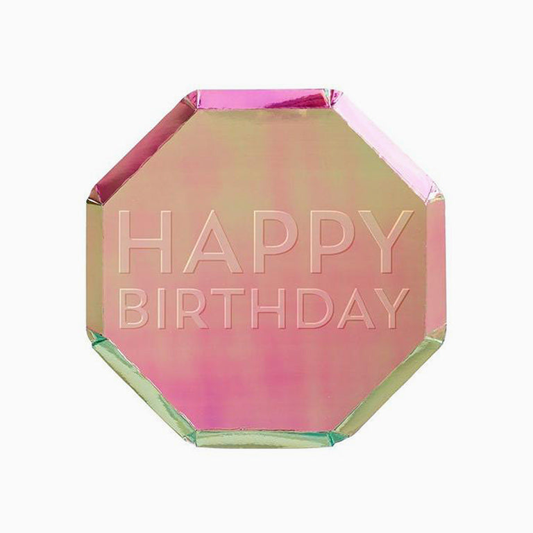 Pratos octogonais iridiscentes "feliz aniversário"