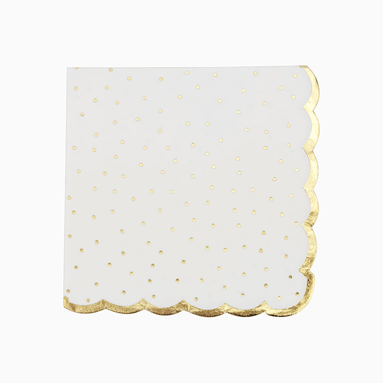 Servilleta de papel en color blanco con estampado de puntos y borde dorado