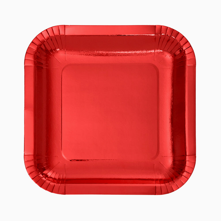 Metallized square cardboard plate 23 x 23 cm red