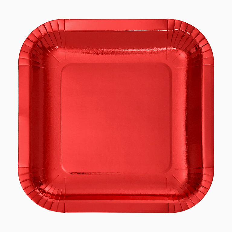 Plato Cartón Llano Cuadrado Metalizado 26 x 26 cm Rojo