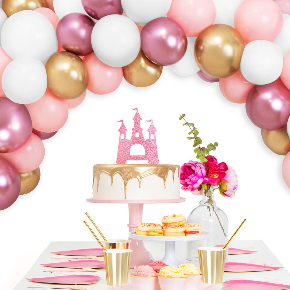 Imposta palloncini bianchi ad arco, rosa pastello, oro e rosa metallico