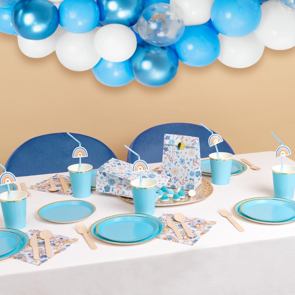 Blue, white, metallic blue and transparent balloon set with confetti