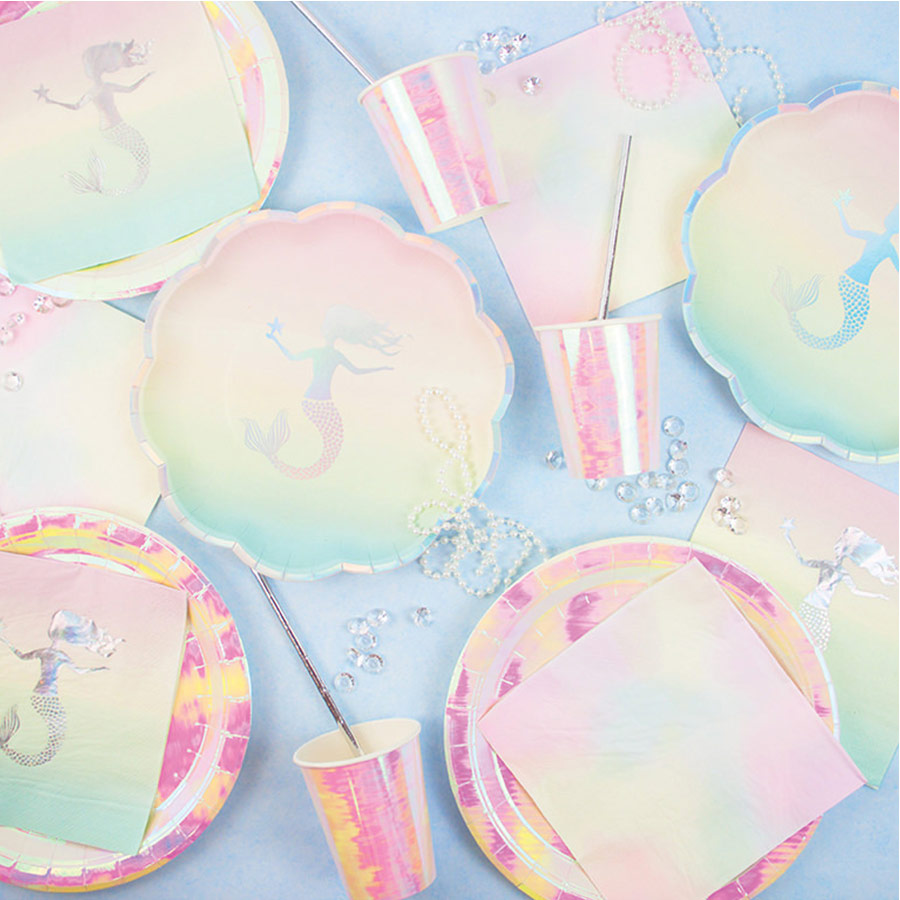 Set Di Stoviglie Per Festa A Tema Sirena, Piatti E Tovaglioli Di Carta, Per Compleanno Ragazze E Baby Shower, Tovaglioli Inclusi