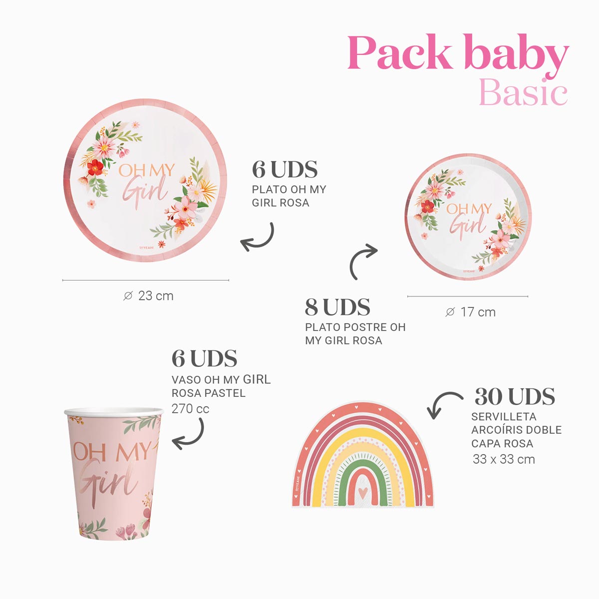 Kit básico de mesa 6 pessoas Pink para chá de bebê rosa