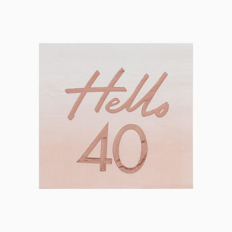 Servilleta de papel rosa con mensaje Hello 40 en rosa brillo
