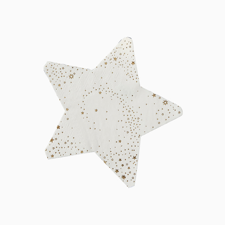 Servilletas de papel en color blanco y forma de estrella y con estampado de estrellas en dorado