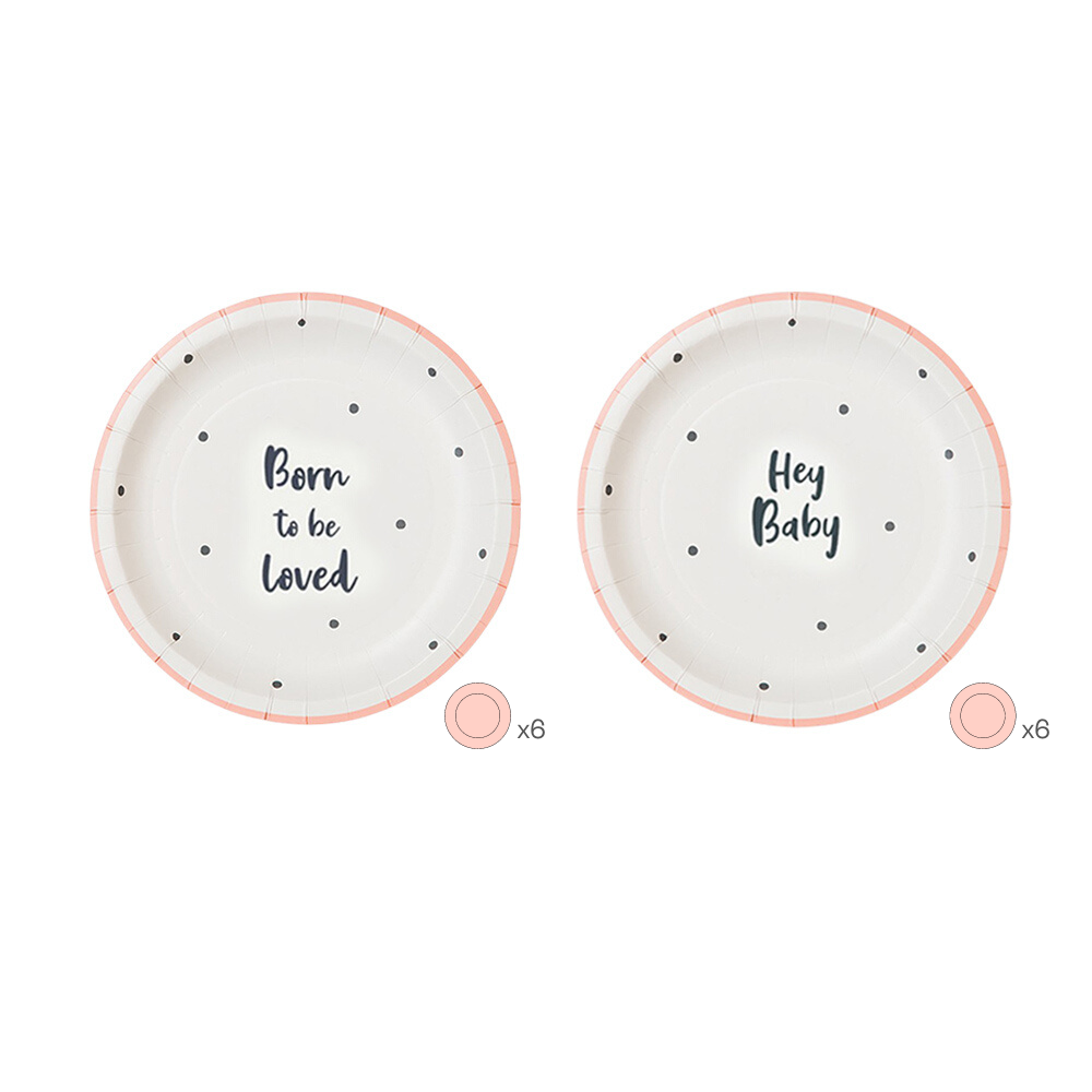 Pratos "nascidos para ser amado" e "hey baby" rosa